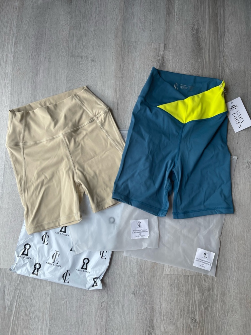 Cala Loren High-Waist Bike Shorts — Teal with Neon Accent & Beige